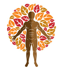 Vector graphic illustration of muscular human, self created with autumn tree eco leaves. Living in harmony with nature, environment protection concept.