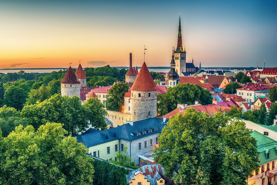 Tallinn, Estonia: aerial top view of the old town at sunset
