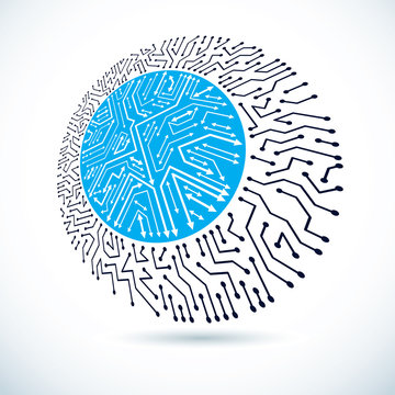 Technology communication round cybernetic element. Vector abstract illustration of circuit board.