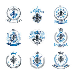 Lily Flowers Royal symbols emblems set. Heraldic Coat of Arms decorative logos isolated vector illustrations collection.