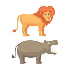Obraz na płótnie Canvas African animals cartoon vector set. lion and hippo vector illustration safari.
