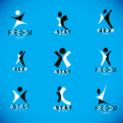 Vector illustration of joyful abstract individual with arms reaching up. Business innovation idea creative logo.