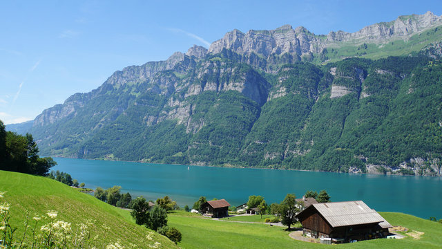 Bauernhaus am See/Blick auf den Bergsee Walensee in der Schweiz; die steilen Felsw&auml;nde der Churfirsten und t&uuml;rkisfarbiges Wasser; im Vordergrund eine Wiese mit einem Bauernhaus