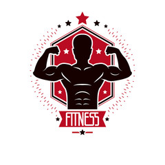 Sport logo for weightlifting gym and fitness club, retro style vector emblem. With sportsman silhouette.