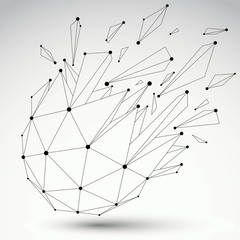 Perspective technology demolished contrast shape with black lines and dots connected, polygonal wireframe object. Explosion effect, abstract faceted element cracked into multiple fragments.