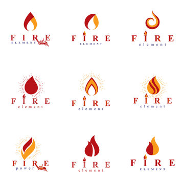 Collection of hot orange fire vector logotypes, nature element. Petrol business corporative emblem for use in graphic design.