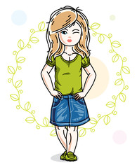 Little blonde cute girl toddler in casual clothes standing on green spring backdrop. Vector illustration of pretty child.