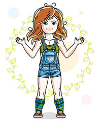 Little red-haired cute girl toddler in casual clothes standing on green spring backdrop. Vector illustration of pretty child.