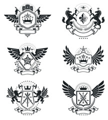 Vintage decorative emblems compositions, heraldic vectors. Classy high quality symbolic illustrations collection, vector set.