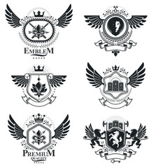 Vintage decorative emblems compositions, heraldic vectors. Classy high quality symbolic illustrations collection, vector set.