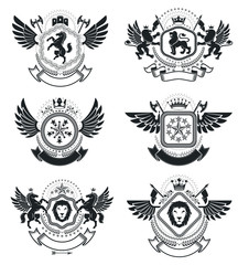 Heraldic signs, elements, heraldry emblems, insignias, signs, vectors. Classy high quality symbolic illustrations collection, vector set.