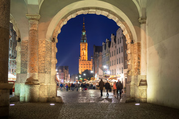 Green gate view for city hall of Gdansk at night, Poland