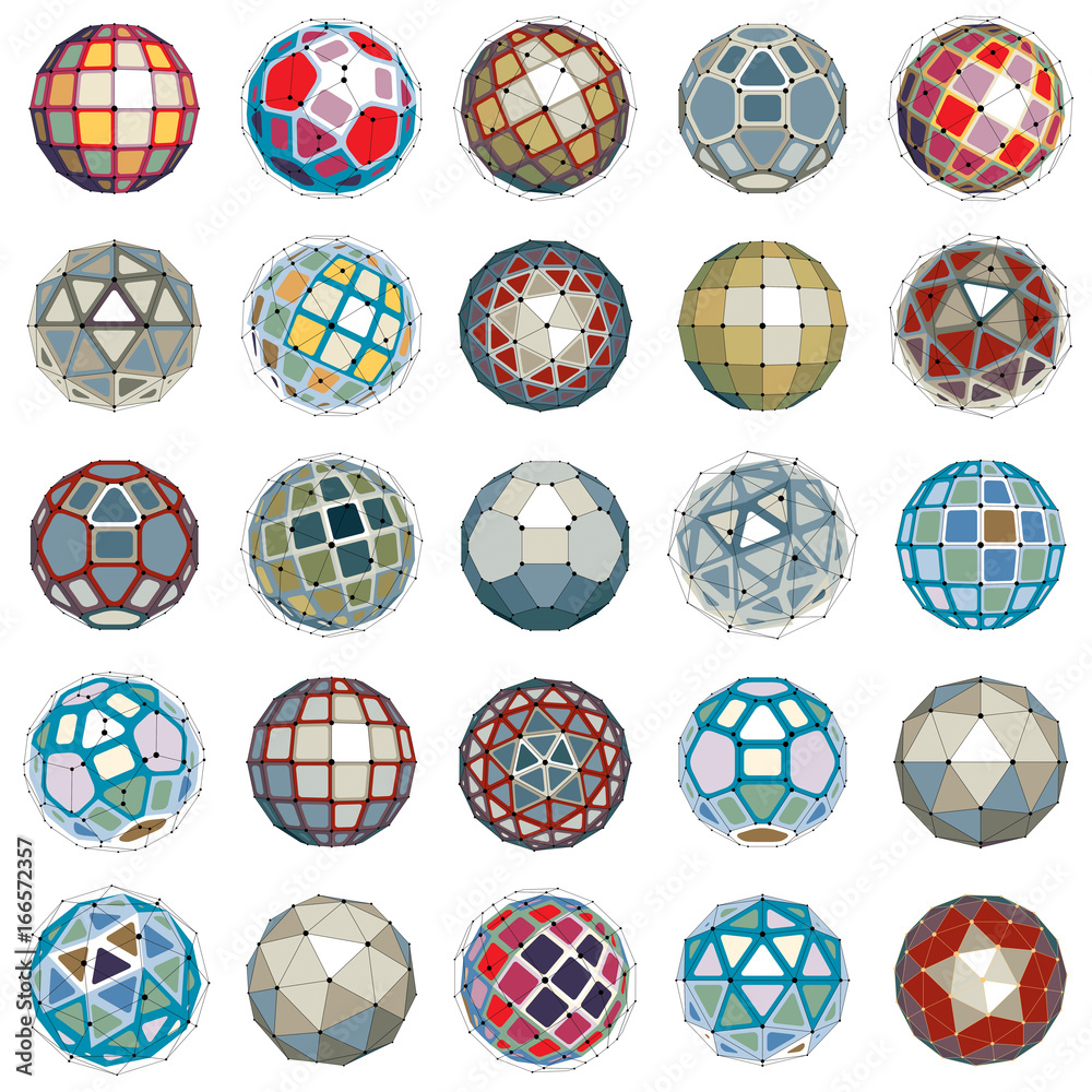 Poster 3d vector digital wireframe spherical objects made using different geometric facets. polygonal orbs 