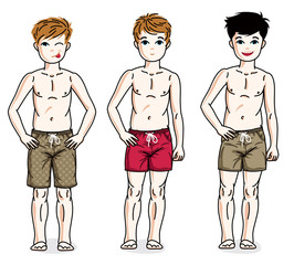 Happy young teenager boys posing in colorful stylish beach shorts. Vector set of beautiful kids illustrations. Childhood and family lifestyle cartoons.