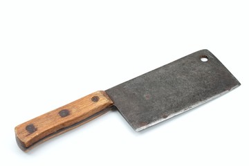 Vintage butcher meat-cleaver on white background, old meat chopper