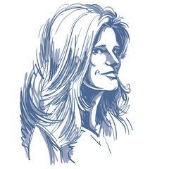 Hand-drawn portrait of white-skin dreamy woman, face emotions theme illustration. Beautiful lady posing on white background.