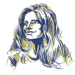 Fototapeta premium Portrait of delicate bemused good-looking woman, black and white vector drawing. Emotional expressions idea image.