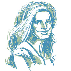 Graphic vector hand-drawn illustration of white skin attractive glad lady with stylish haircut. People positive face expressions, smiling girl portrait.