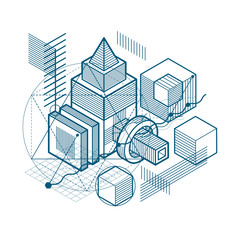 Abstract background with isometric elements, vector linear art with lines and shapes. Cubes, hexagons, squares, rectangles and different abstract elements.