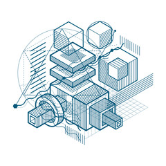 Abstract background with isometric lines, vector illustration. Template made with cubes, hexagons, squares, rectangles and different abstract elements.