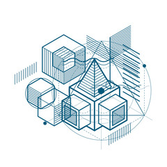 Abstract vector background with isometric lines and shapes. Cubes, hexagons, squares, rectangles and different abstract elements.