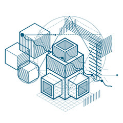 Isometric linear abstract vector background, lined abstraction. Cubes, hexagons, squares, rectangles and different abstract elements.