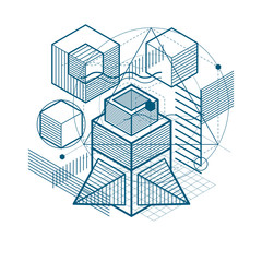 Isometric abstraction with lines and different elements, vector abstract background. Composition of cubes, hexagons, squares, rectangles and different abstract elements.
