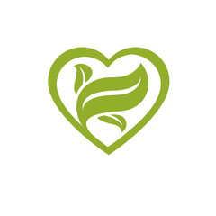 Vector heart shape illustration composed with green leaves. Living in harmony with nature concept, green health idea symbol.