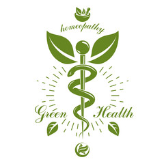 Caduceus vector conceptual emblem created with mortar and pestle. Wellness and harmony metaphor. Alternative medicine concept, phytotherapy logo.
