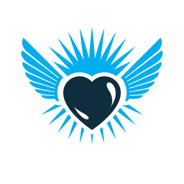 Heart vector graphic illustration, love and freedom metaphor symbol. Guardian angel vector abstract emblem.