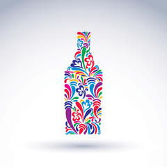Bright flowery alcohol bottle. Stylized glassware symbol with abstract ethnic pattern. Graphic relaxation conceptual vector object, can be used in decoration and design.