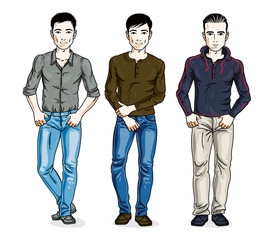 Handsome men standing wearing fashionable casual clothes. Vector different people characters set.