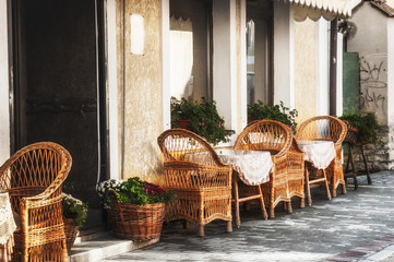 Vintage street cafe interior in european old city street