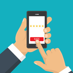 Rating golden stars. Feedback, reputation and quality concept. Hand pointing, finger pointing to five star rating. Customer review concept. Vector