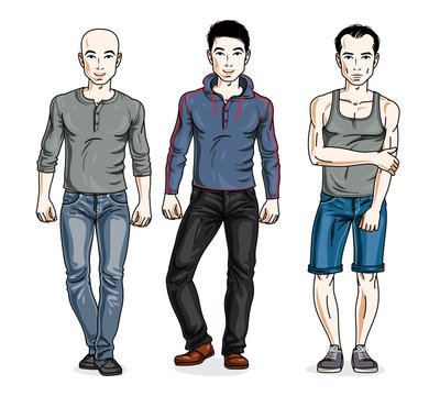Happy men posing wearing casual clothes. Vector people illustrations set. Lifestyle theme male characters.