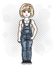 Pretty little blonde girl in jeans wear. Vector illustration of nice child standing.
