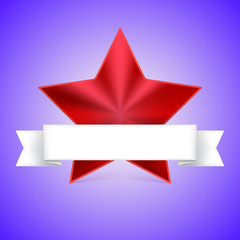 Metal red star label with white ribbon on colored background, 3D illustration,