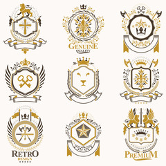 Vector classy heraldic Coat of Arms. Collection of blazons stylized in vintage design and created with graphic elements, royal crowns and flags, stars, towers, armory, religious crosses.