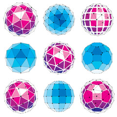 Collection of abstract vector low poly objects with lines and dots connected. Set of futuristic balls with overlapping lines mesh and geometric figures. 3d shapes can be used in technical modeling.