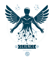 Vector graphic illustration of human being, individuality created with mesh wireframe connections and bird wings. Human as the object of biochemistry research.