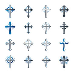 Crosses of Christianity Religion emblems set. Heraldic Coat of Arms decorative logos isolated vector illustrations collection.