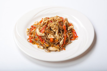 Italian pasta with chicken and peppers in a white plate on a light background