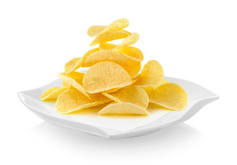 Potato chips in plate (beautiful shape) on white background