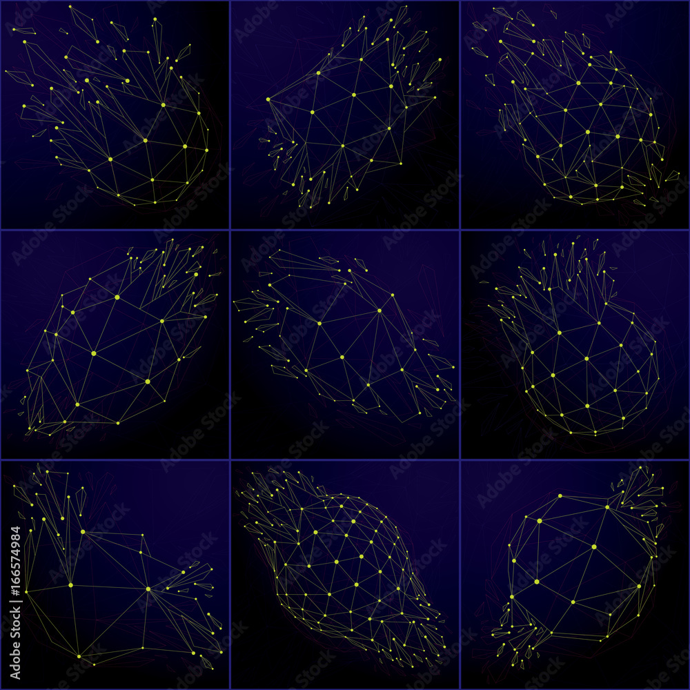 Fototapete set of 3d vector digital wireframe objects broken into different particles and refractions, polygona