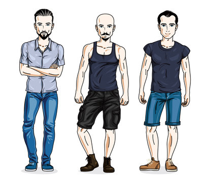 Confident handsome men standing wearing fashionable casual clothes. Vector characters set.