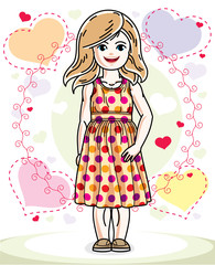 Beautiful little blonde girl wearing casual clothes and standing on colorful backdrop with loving hearts. Vector human illustration.