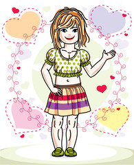 Beautiful little red-haired girl posing on colorful backdrop with romantic hearts. Vector kid illustration.