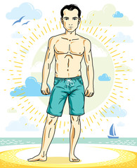 Handsome man posing on tropical beach in colorful shorts. Vector character. Summer holidays theme.