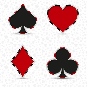A set of four card deck suits for playing poker and casino. Realistic vector illustration.