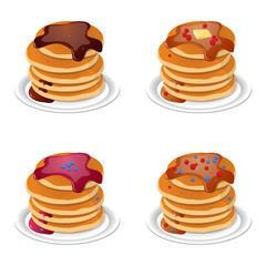 Vector illustration. Fresh tasty hot pancakes with sweet maple syrup. Cartoon icon isolated on background. Vintage restaurant sign.